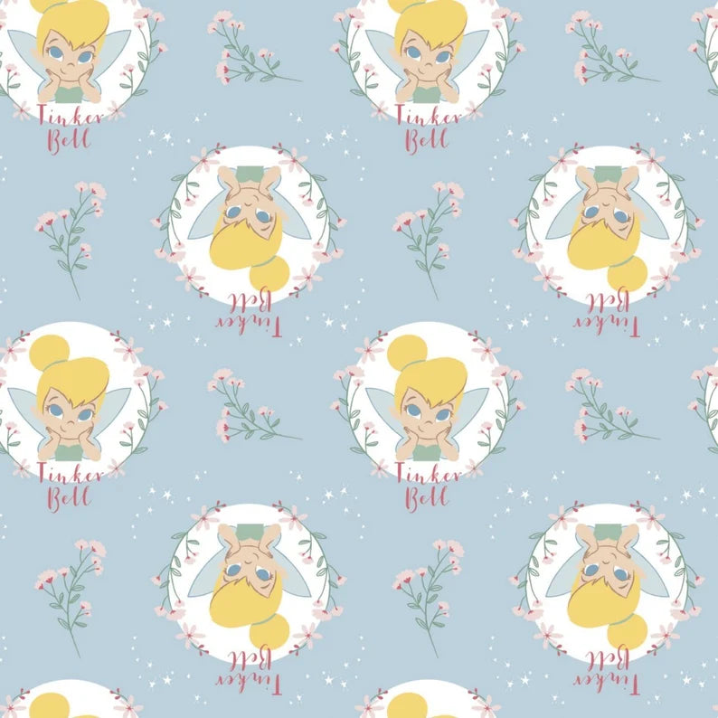 Camelot Fabrics Peter Pan and Tinkerbell Floral Badges Blue