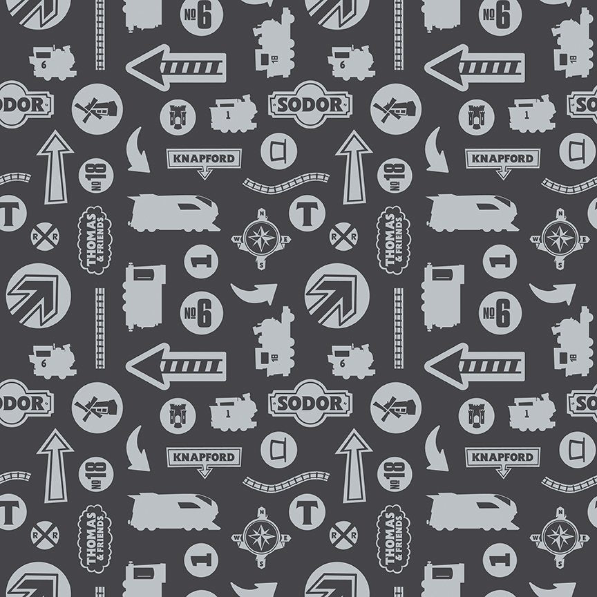 Riley Blake Full Steam Ahead with Thomas and Friends Trains Signs C2513 Charcoal Tonal