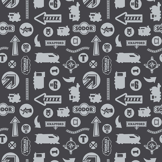 Riley Blake Full Steam Ahead with Thomas and Friends Trains Signs C2513 Charcoal Tonal