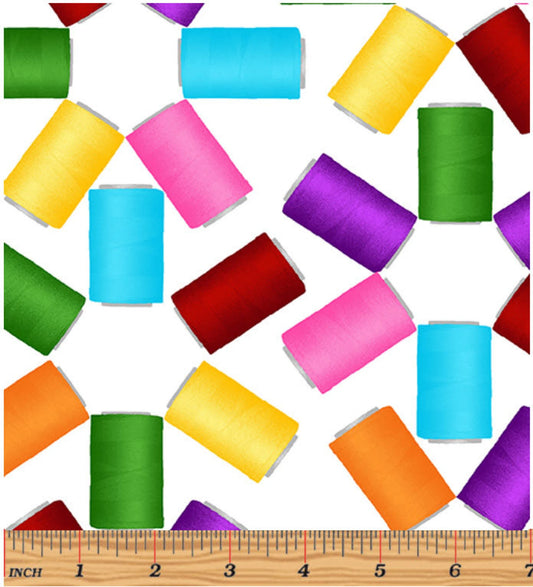 1017 Benartex Sewing Box Colorful Spools White 09956-09