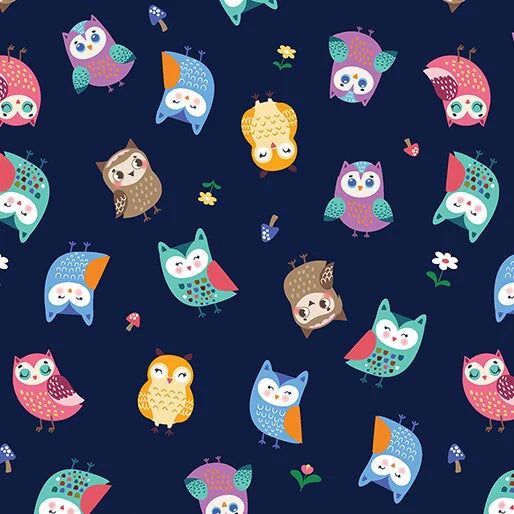1023 Benartex Happy Camper Woodland Owls Navy 12845-55