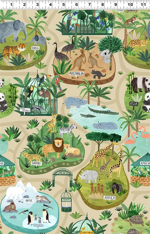 Clothworks Ticket to the Zoo Trail Map Y3528-60 Dark Butter