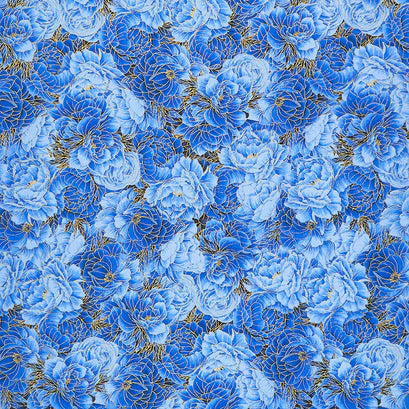 Timeless Treasures Metallic Royal Plume Packed Flowers Blue CM1564