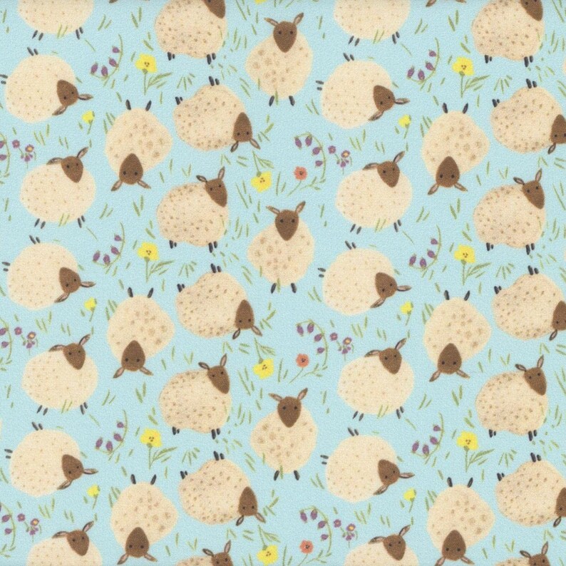 Timeless Treasures Homestead Tossed Puffy Sheep & Wildflower Sky Blue CD-1553