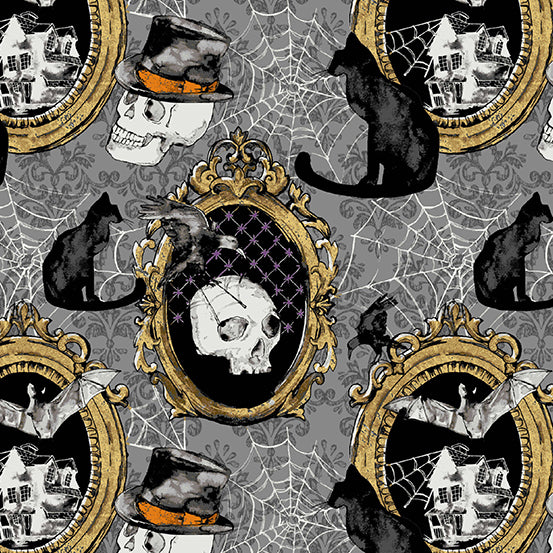 Andover Skulls Cats, Spider Webs on Gray Mystery Manor A-199-C