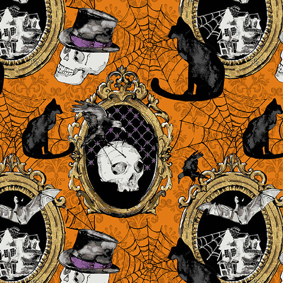 Andover Skulls Cats, Spider Webs on Orange Mystery Manor A-199-O