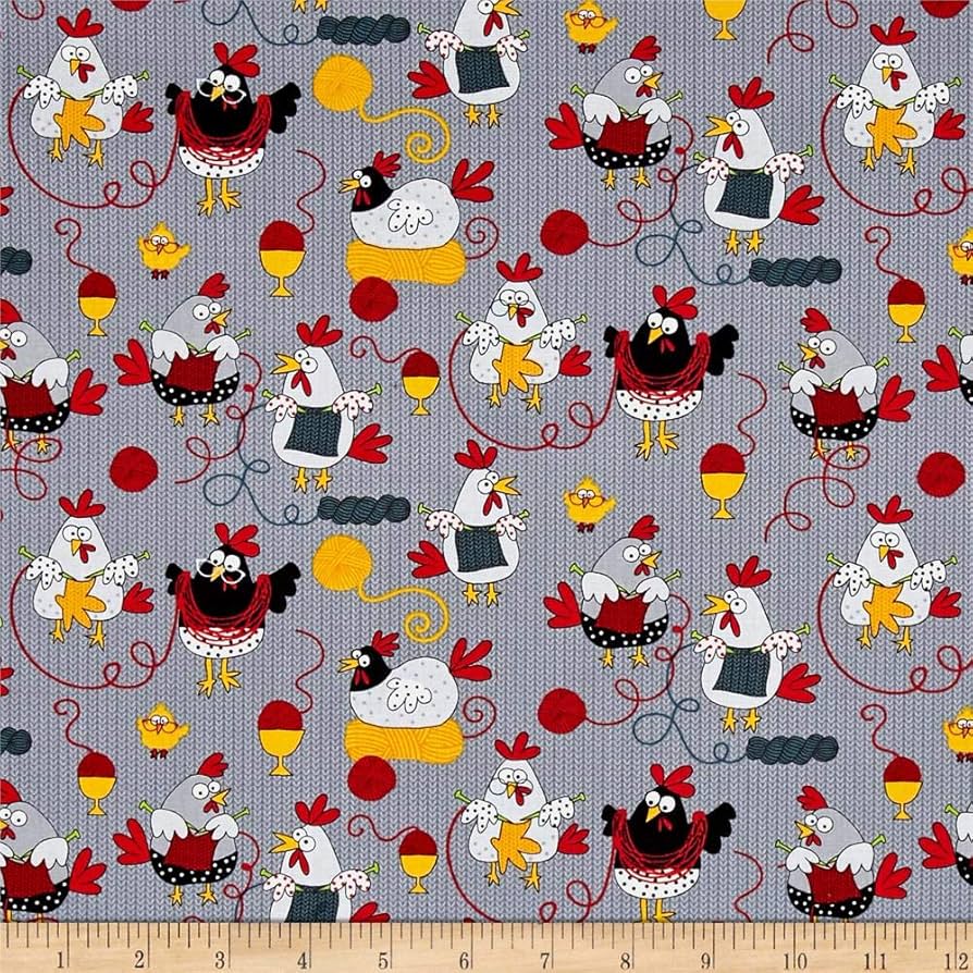 Timeless Treasures Knitting Chickens on Gray GAIL-C5605