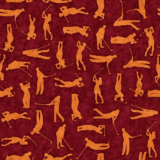 QT Fabrics Chip Shot Golfer Silhouettes in Brick by Dan Morris