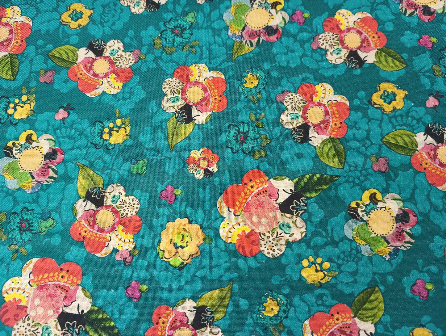 1554 Benartex Soul Shine and Daydreams Collage Flower Dark Teal 10347-84
