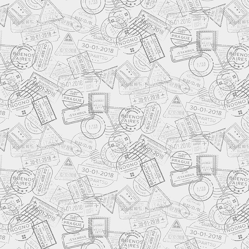 Clothworks Low Key Y3482-116 Mist Gray Multi Passport Stamps