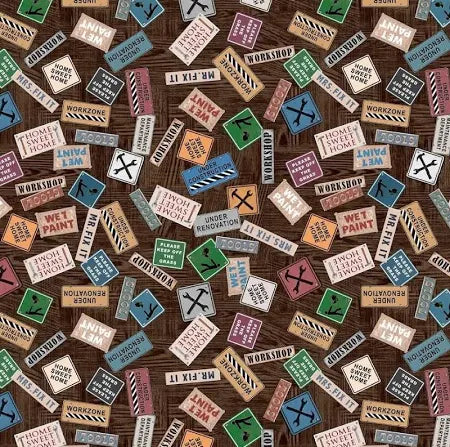 QT Fabrics A Little Handy Tool Tossed Signs 1649-28197-A Brown