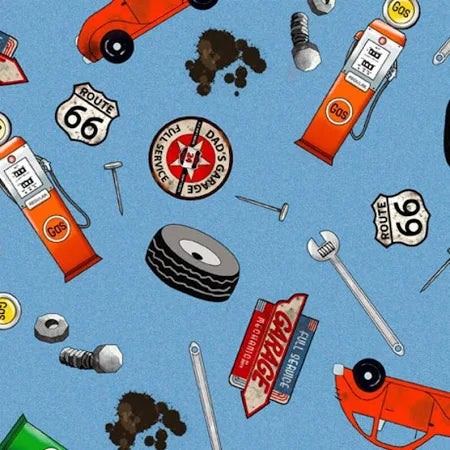 QT Fabrics Mister Mechanic Motif Blue 1649-28874-B