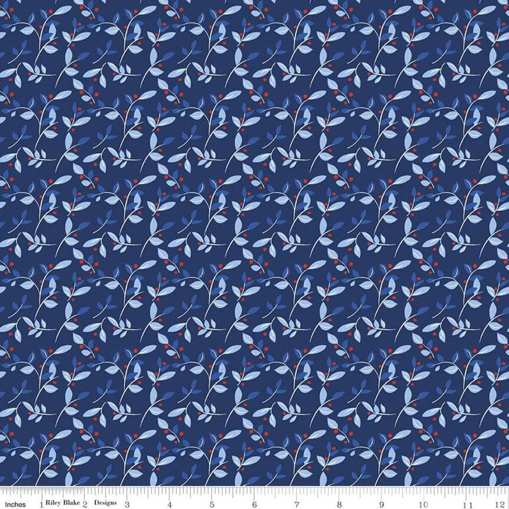 Riley Blake Red White and Bang Leaves Navy C11527