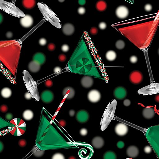 Benartex Sweet Holidays Martini Glasses Christmas 12784-12 on Black