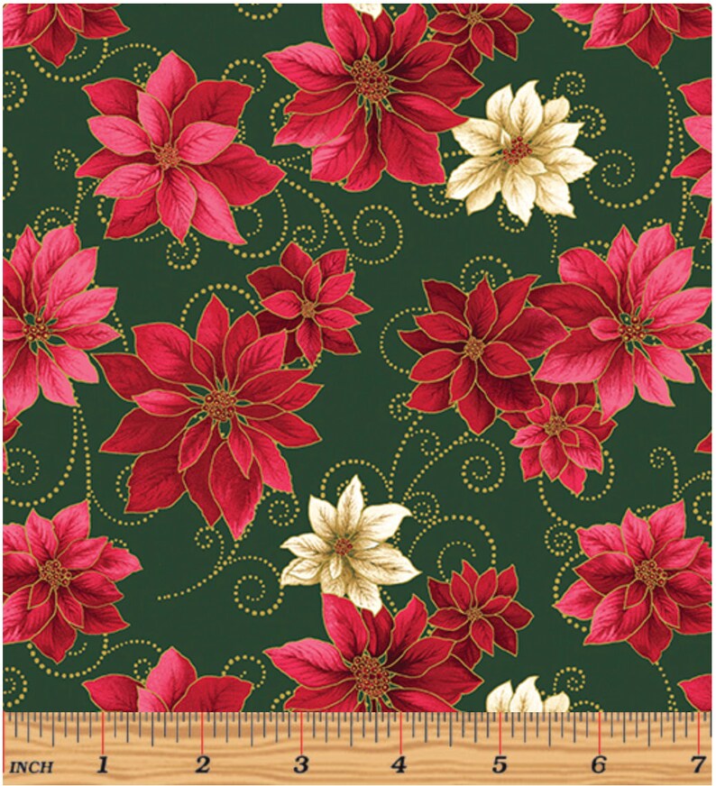 Benartex A Festival Medley Poinsettia Scroll Green Red 13186M
