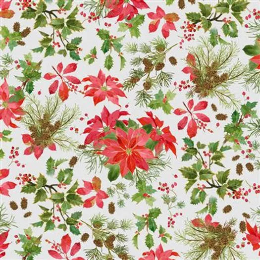 Clothworks Christmas Winter's Eve Poinsettia's & Pinecones Y3537-116M Mist Gray Metallic