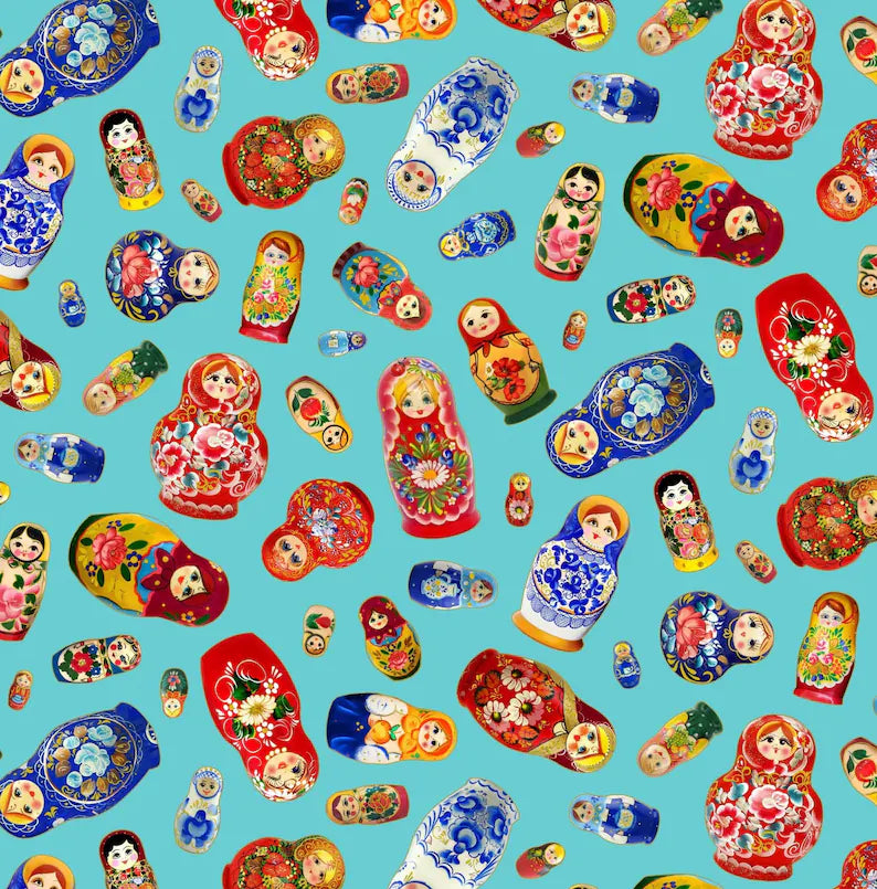 Elizabeth's Studio Fabrics Russian Nesting Dolls on Turquoise M645
