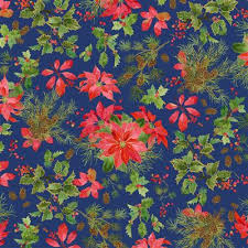 Clothworks Christmas Winter's Eve Poinsettia's & Pinecones Y3537-89M Dark Denim Metallic