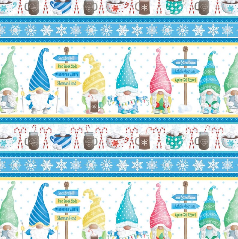 Benartex Gnome Wonderland 1282099 Winter Gnome Border Stripe