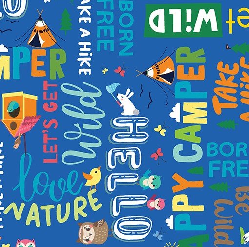 Benartex Happy Camper Words Blue 12847-54
