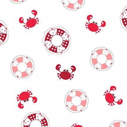 Maywood Studios Vintage Boardwalk Preservers & Crabs Ultra White Red MAS9713-UW