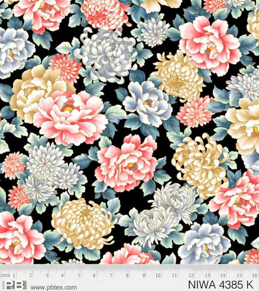 P&B Textiles Niwa Large Floral Metallic Black 04385-5