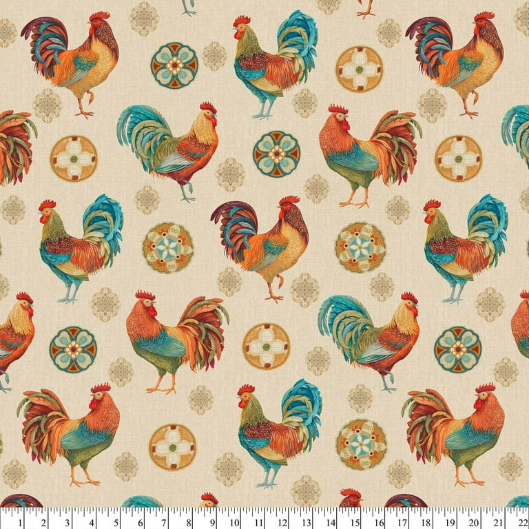 Rooster and Medallions on cream (1 yard PRE-CUT)