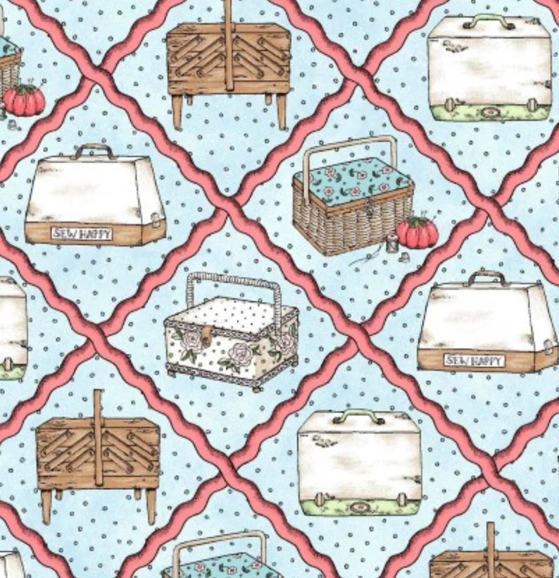 Maywood Studio Measure Twice Sewing Baskets MAS9893-Q Blue