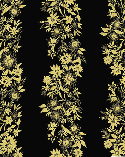 Benartex Shimmer and Shine Flower Stripe Black/Gold Metallic/Pearl