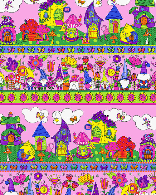 RJR Fabrics Garden Gnomes Neighborhood Stripe Candy Pink