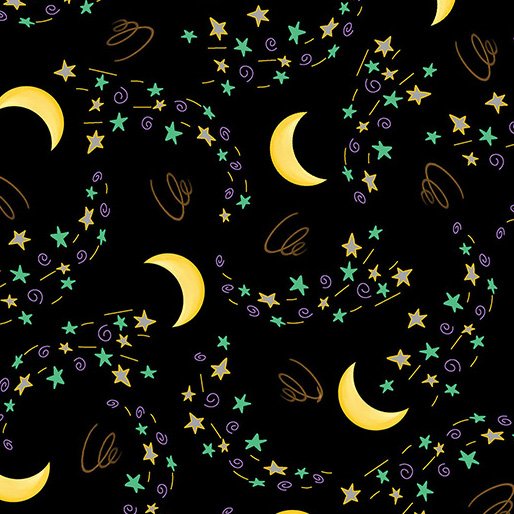 Benartex Spooktacular Gnomes Moon and Stars Swirl 12799-12 Black