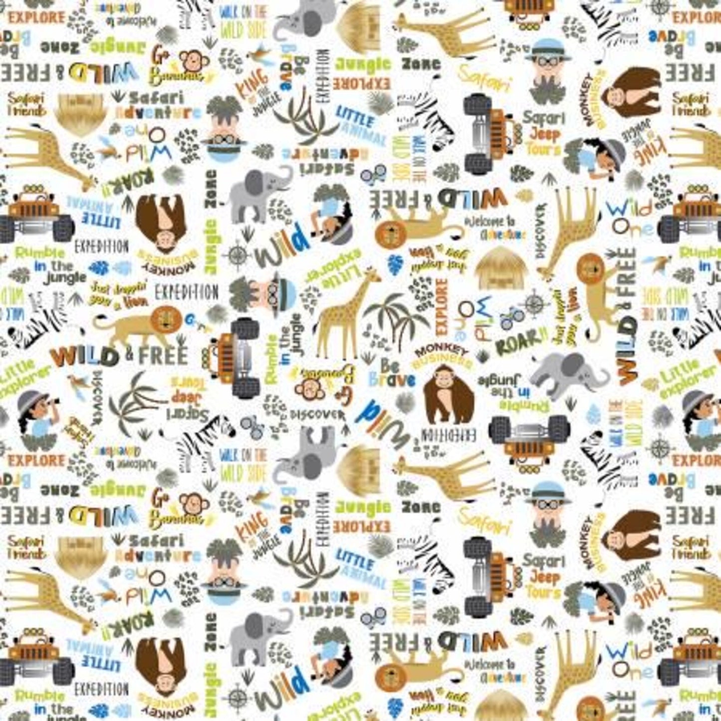 8014 Benartex Safari Adventure Safari Words Animals White 12952-09