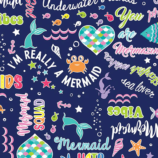 8020 Benartex Mystical Mermaids Mystical Mermaid Words Navy 12517P-56
