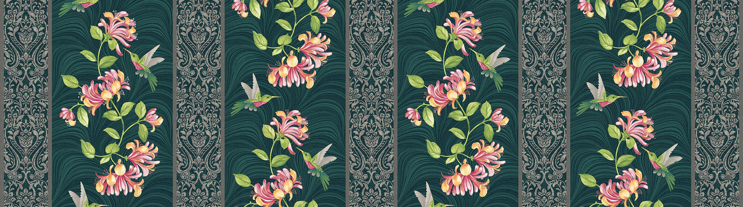 8303 Benartex Designer Fabrics Hummingbirds & Honeysuckle Border Stripe Teal 13214