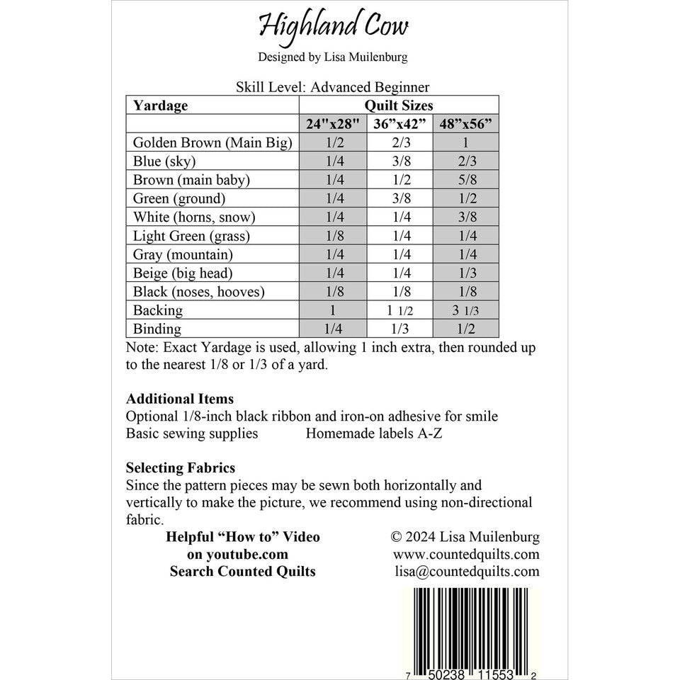 P2086 Highland Cow Pattern by Quilt Woman; 3 sizes included