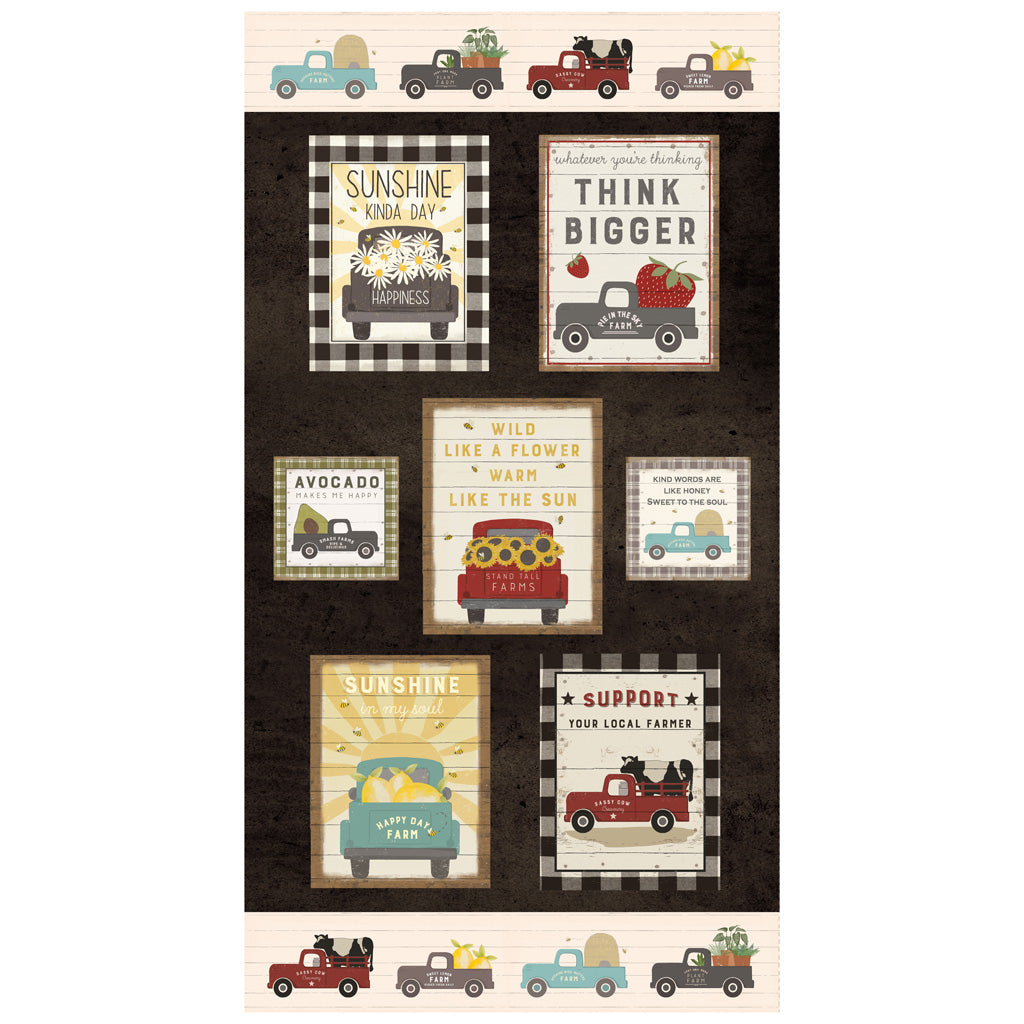 Clothworks Happy Day Farm Block Panel Dark Brown 24" Y3560-16