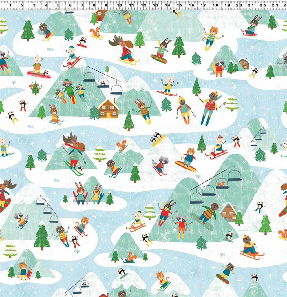Clothworks Snow Fun Ski Mountains Turquoise Y3592-101