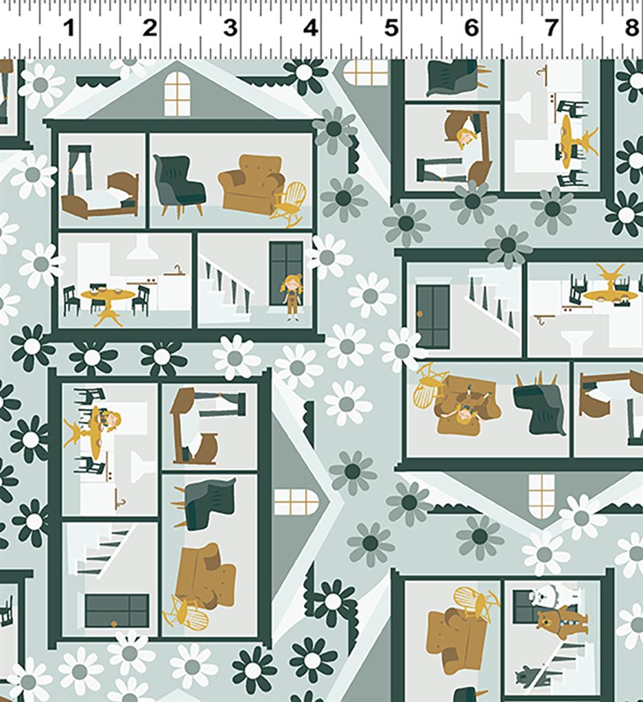 Clothworks Little Goldi Houses Light Teal Y3668-103