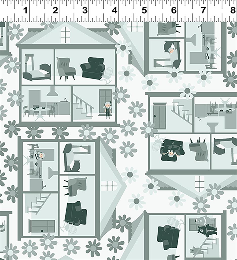 Clothworks Little Goldi Houses Mist Gray Y3668-116