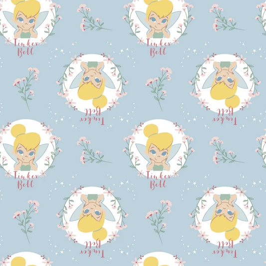 Camelot Fabrics Peter Pan and Tinkerbell Floral Badges Blue