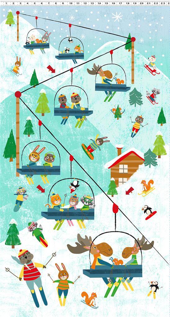 Clothworks Snow Fun Ski Lift 24" Panel Turquoise Y3590-101