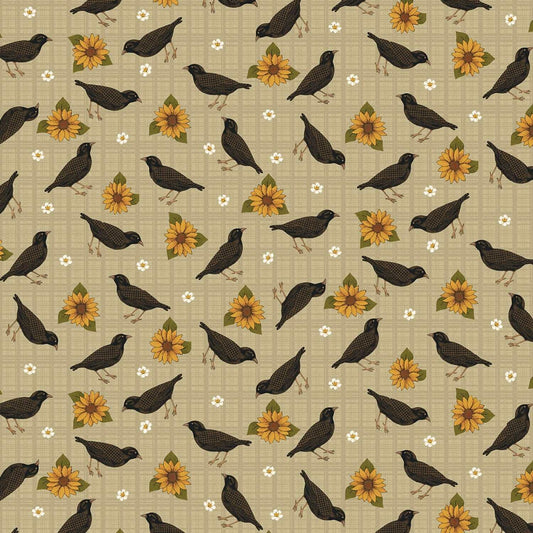 Benartex A Wooly Autumn Birds Leaves and Blooms Tan 13058-70 (1013)
