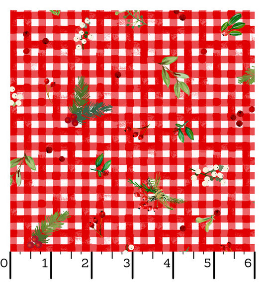 3140 Maywood Studio Winter Wreaths Gingham Greens Red MAS10883-R