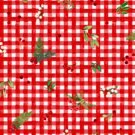 3140 Maywood Studio Winter Wreaths Gingham Greens Red MAS10883-R