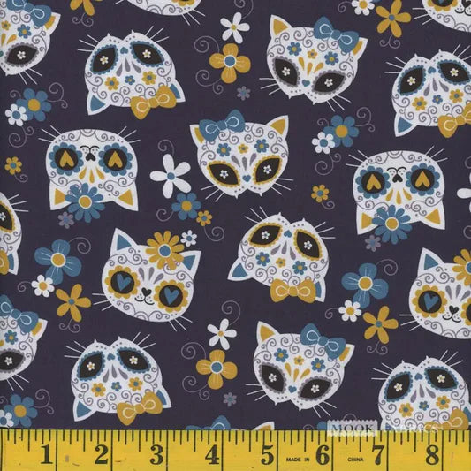 8072 Mook Fabrics Sugar Skull Cats Blue 111643