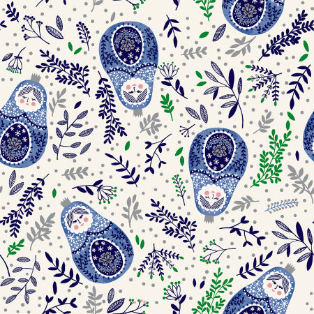 RJR Fabrics Winter Dreams Babushka Dolls Royal Blue Metallic JM102-RB1M