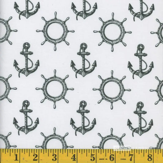 8153 Mook Fabrics Vintage Wheels & Anchors Hunter Green 114762