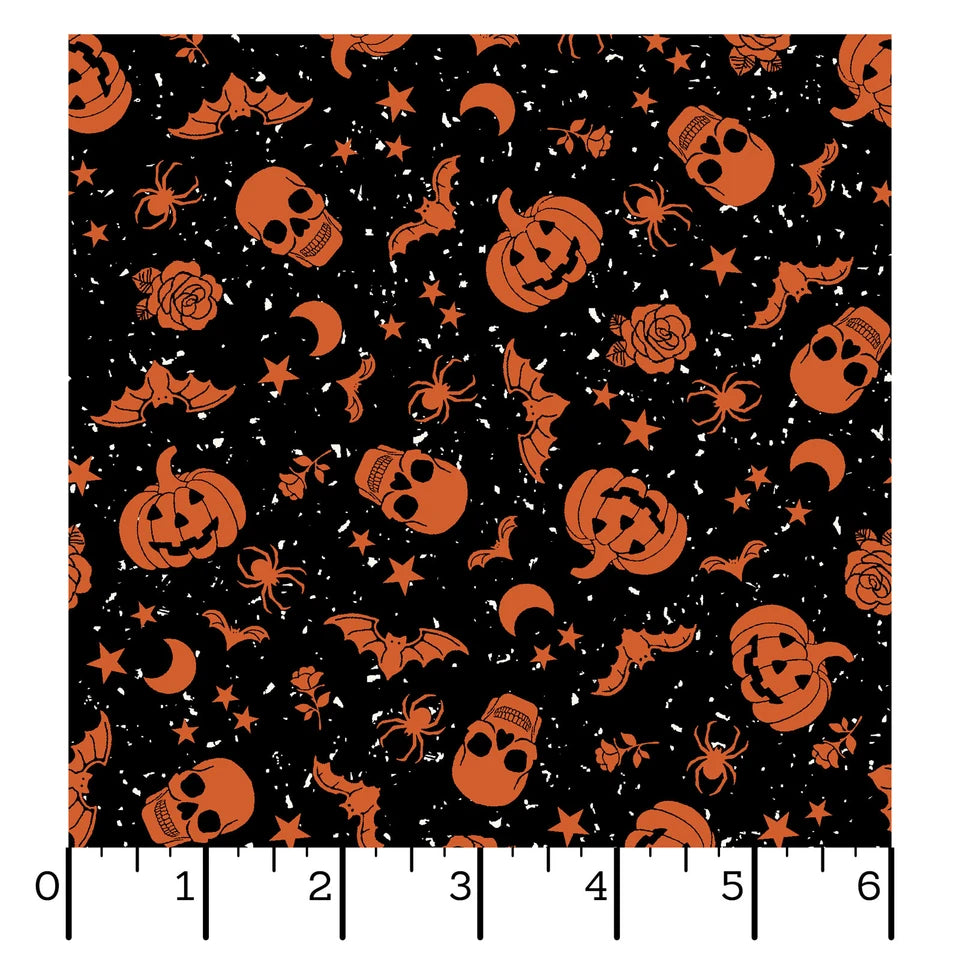 1183 Maywood Studio Goth Gardens Floating Pumpkins and Skulls-Black MAS10852-J