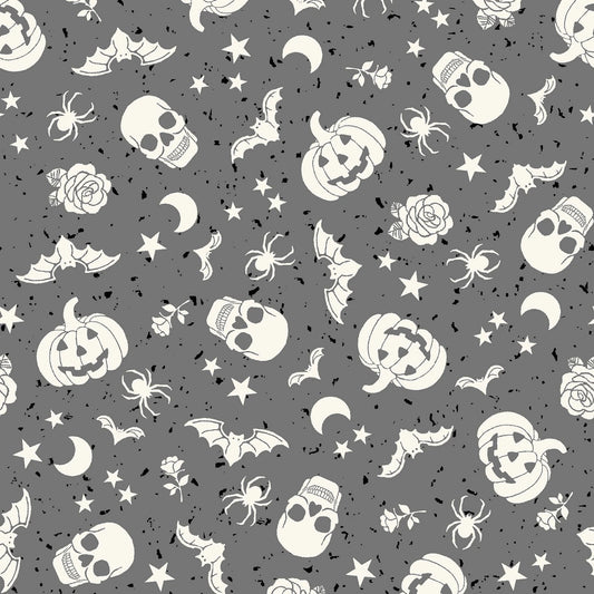 1184 Maywood Studio Goth Gardens Floating Pumpkins and Skulls-Gray MAS10852-K