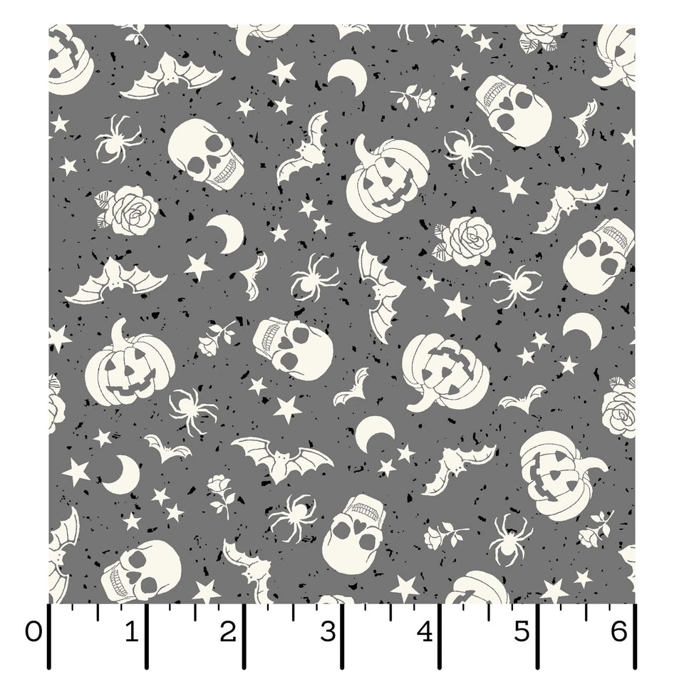 1184 Maywood Studio Goth Gardens Floating Pumpkins and Skulls-Gray MAS10852-K